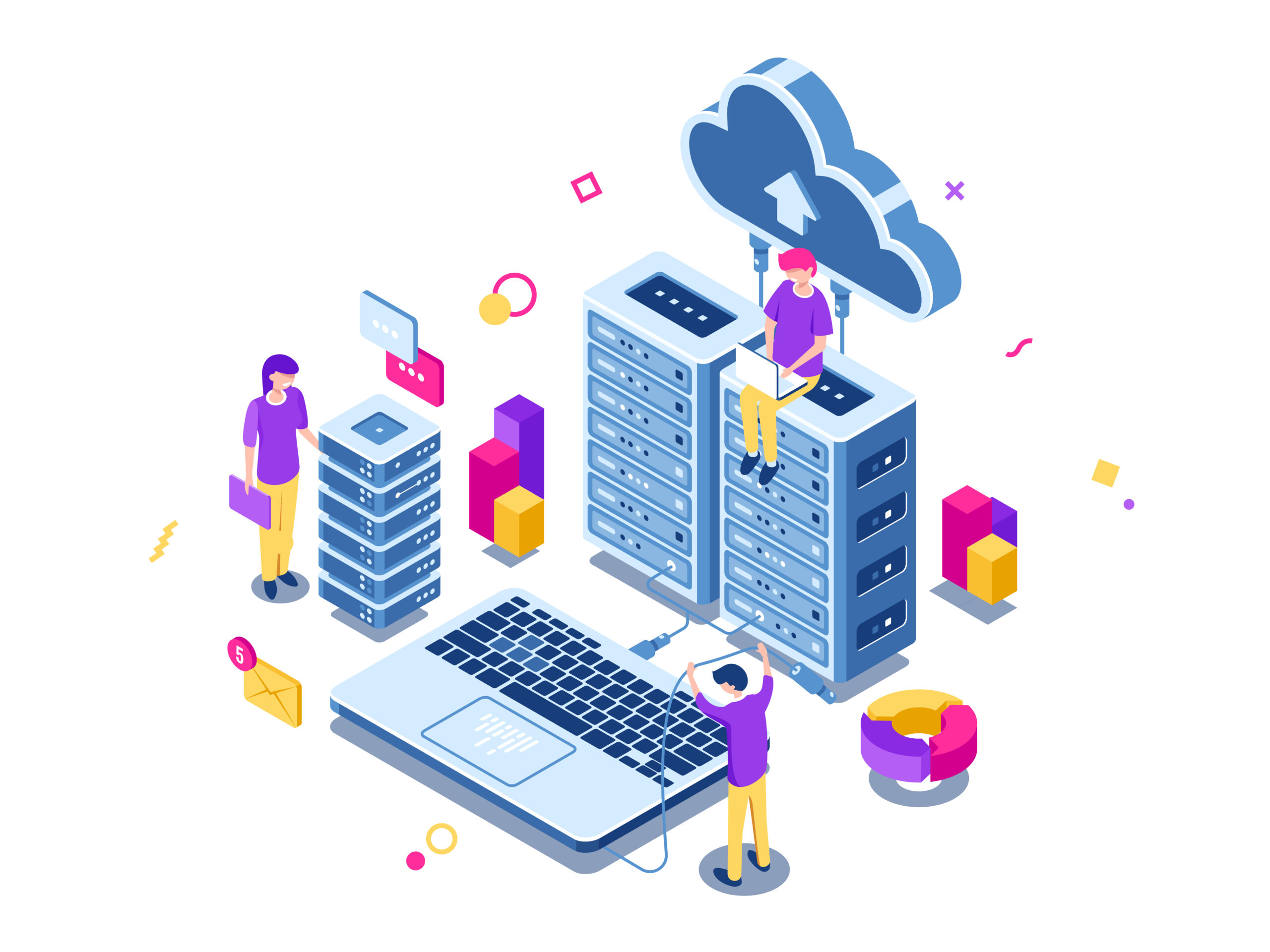 Big data center, server room rack, engineering process, teamwork, computer technology, cloud storage, command work, isometric people vector 1032 Scaled