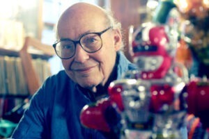  Professor Marvin Minsky at his home in Brookline with a robot. Minsky enjoys robots.