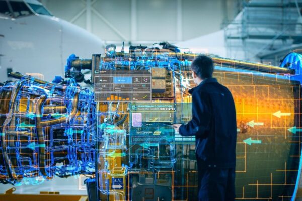 High-Tech Futuristic Technology Concept: Visualization Of Futuristic Airplane Engine Maintenance Conducted by Engineer Holding Digital Tablet Computer. VFX of Analytics Checking of Plane Turbine.